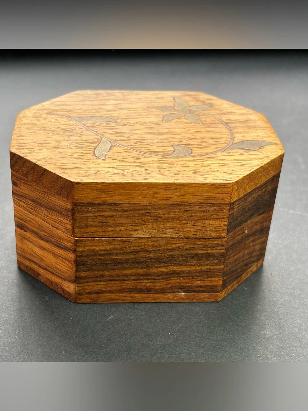Octagonal Wood Jewelry Box with Inlaid Floral Detail